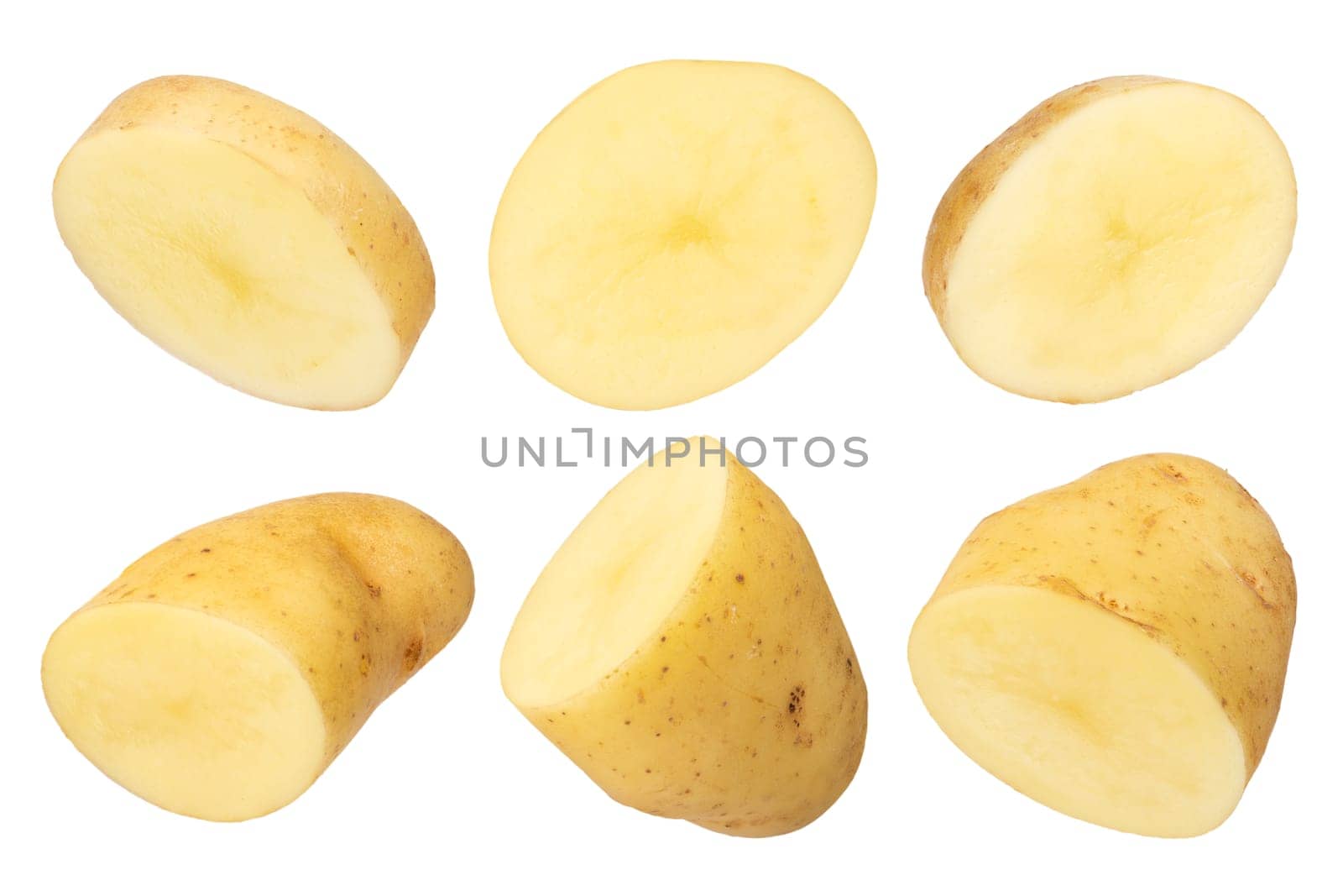 Raw vegetables. Potato with peel and leftover ground isolated on white background. The concept of obesity from potatoes. To be inserted into a design or project