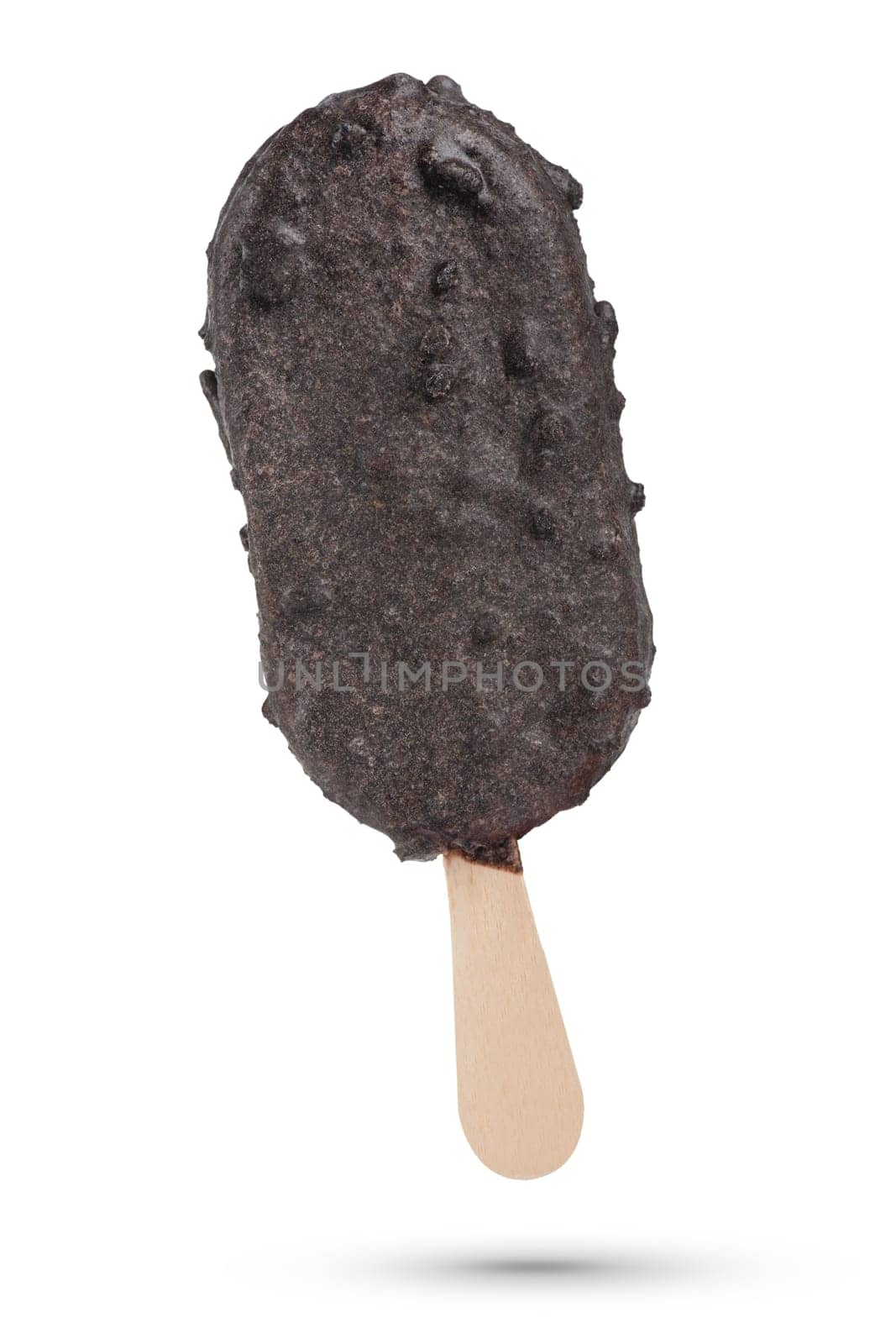 Ice cream on a stick, on a white isolated background. Ice cream covered in dark chocolate with biscuits. Ice cream scoop isolate for inserting into a design or project. by SERSOL