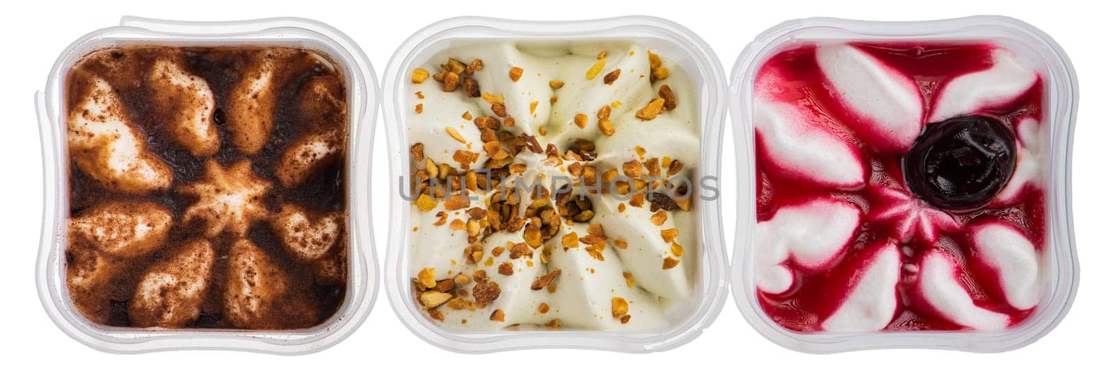 Set of ice cream of different varieties. Cherry ice cream, pistachio and cinnamon, in a cup isolated on a white background. The concept of a delicious and freezing treat for children and adults. by SERSOL