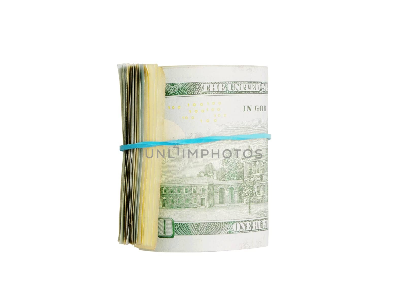 A stack of one hundred dollar bills tied with a blue rubber band on a white background. One hundred dollar bills wrapped in a roll tied with a blue rubber band.