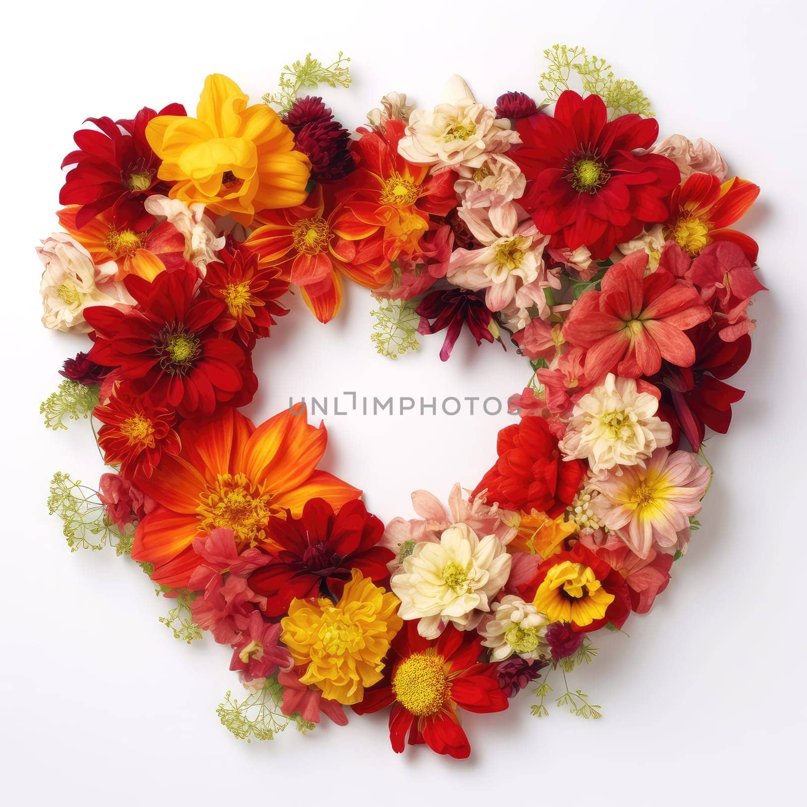 Flowers wreath in the shape of heart on white background. Romantic template for cards, invitations, etc. AI generated