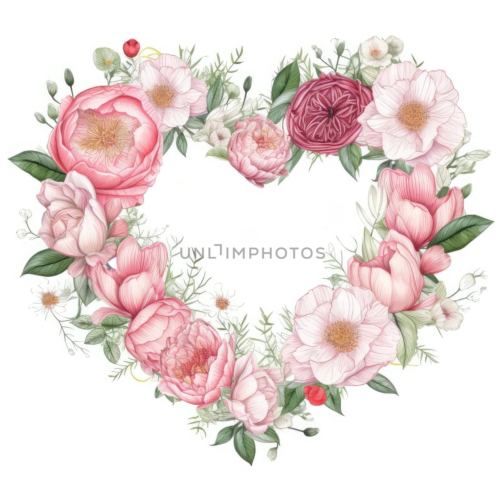 Flowers wreath in the shape of heart. AI generated by palinchak