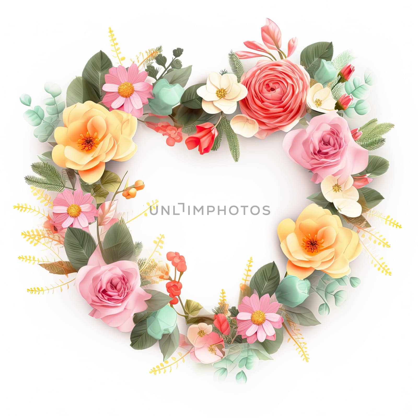 Flowers wreath in the shape of heart on white background. Romantic template for cards, invitations, etc. AI generated