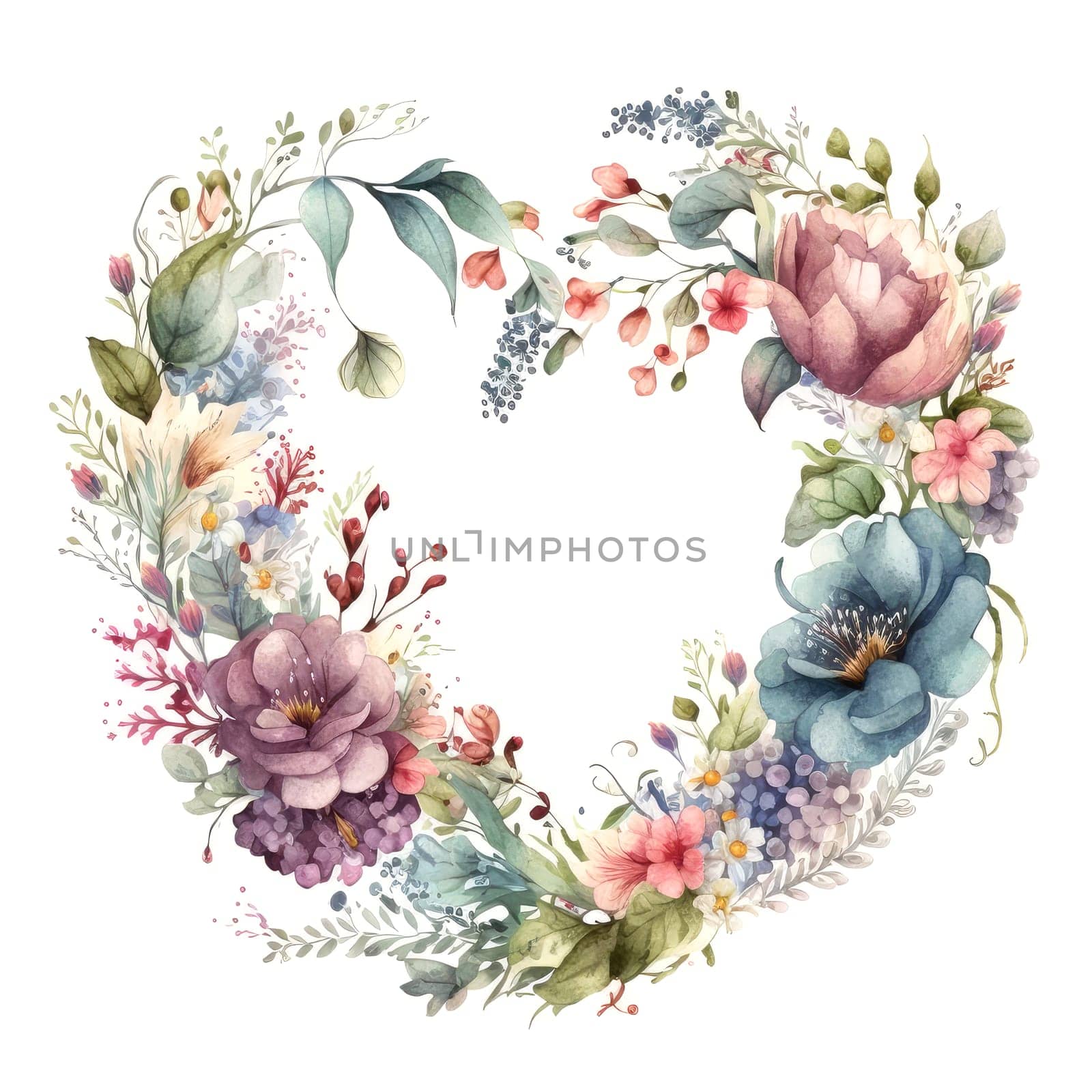 Watercolour flowers wreath in the shape of heart on white background. Romantic template for cards, invitations, etc. AI generated