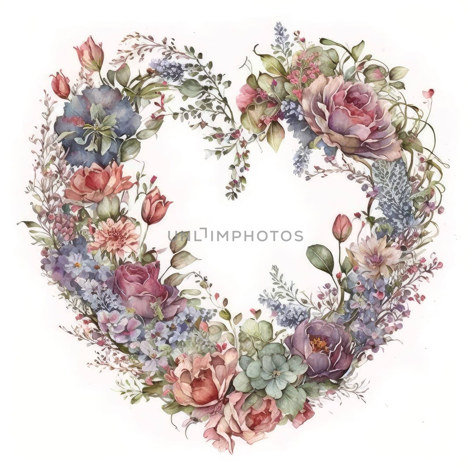 Watercolour flowers heart wreath. AI generated by palinchak