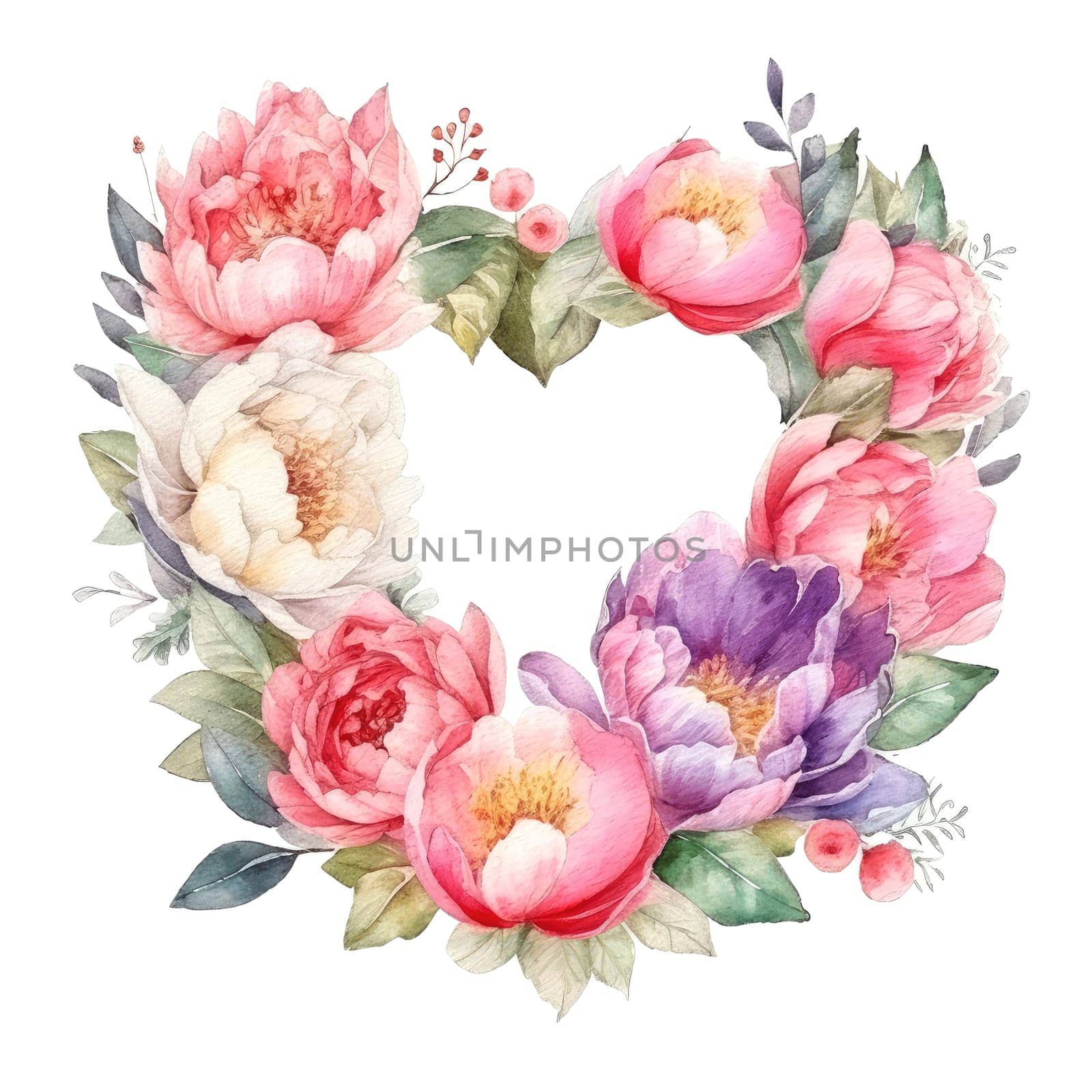 Watercolour peonies flowers heart wreath. AI generated by palinchak