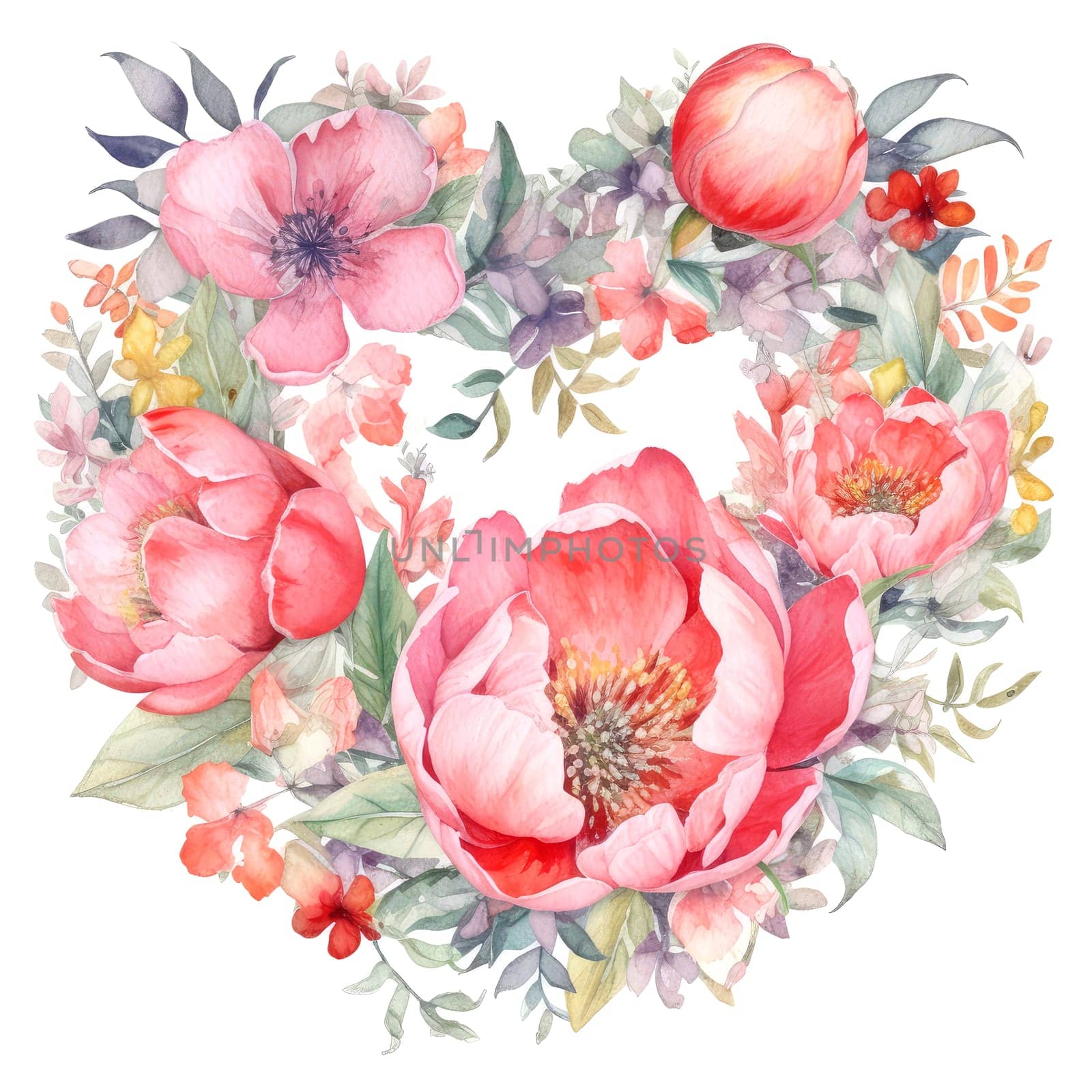 Watercolour Peonies flowers heart wreath on white background. Romantic template for cards, invitations, etc. AI generated