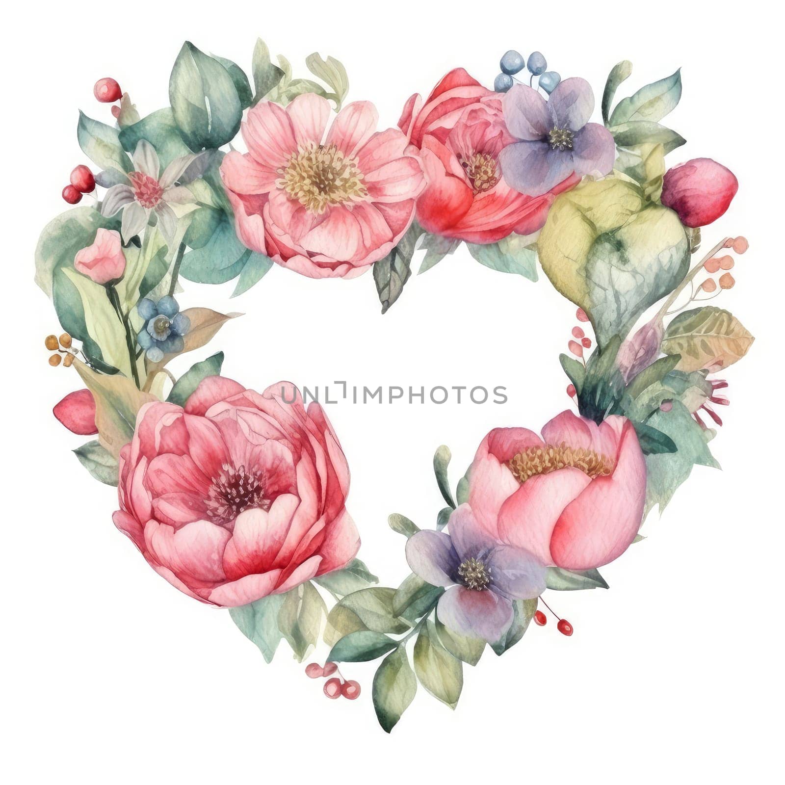 Watercolour peonies flowers heart wreath. AI generated by palinchak