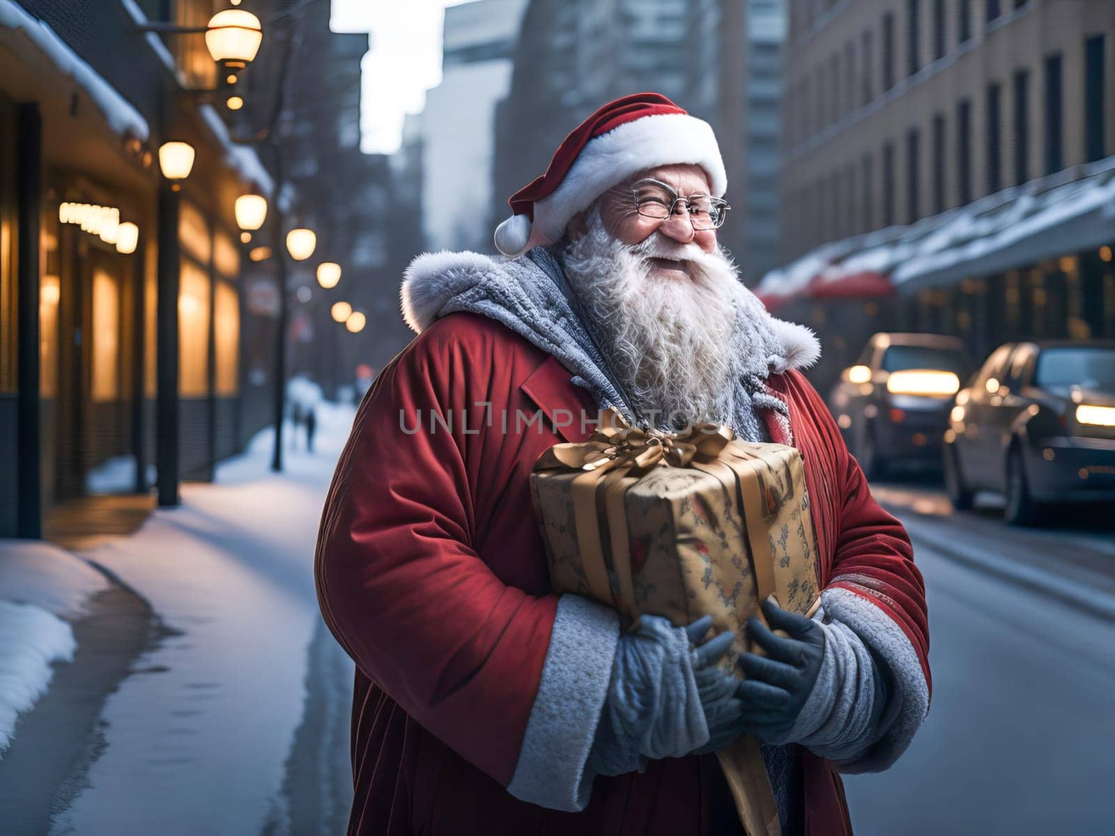 Happy Santa Claus outdoors in snowfall holding gifts for children. Generative Ai.