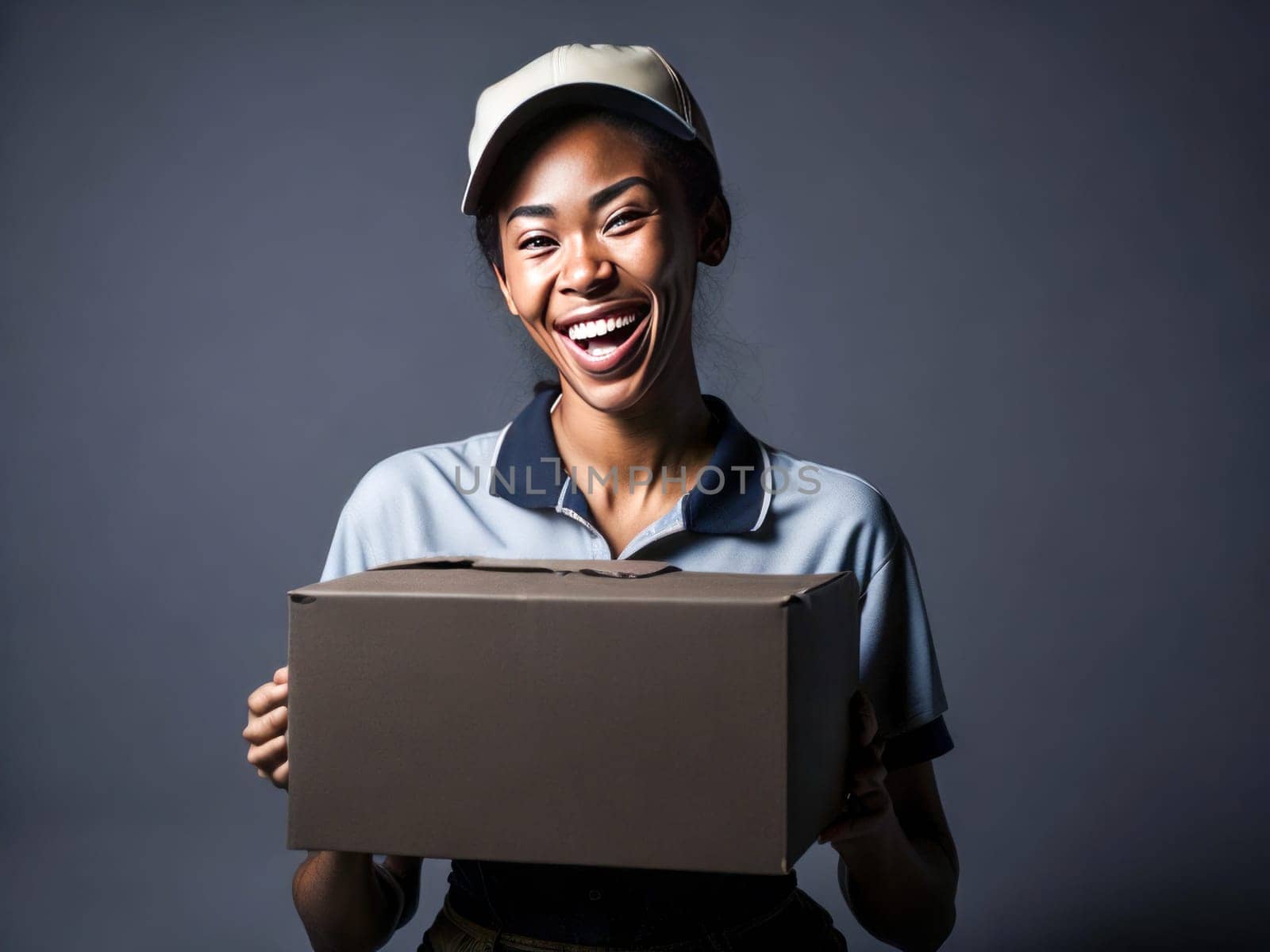 Portrait of Happy African American delivery woman holding a box package against grey background. Delivery Concept. Generative Ai