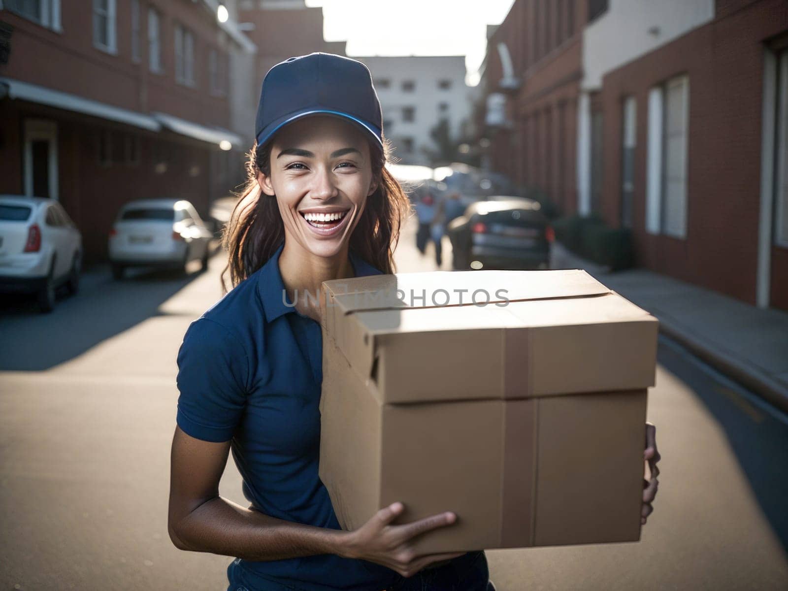 Portrait of Happy delivery woman holding a box package outside. Delivery Concept. Generative Ai