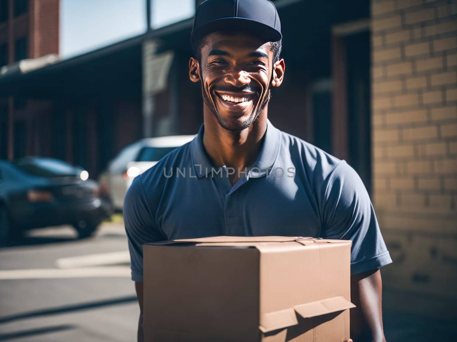 Delivery Concept - Portrait of Happy African American delivery man holding a box package outside. Generative Ai