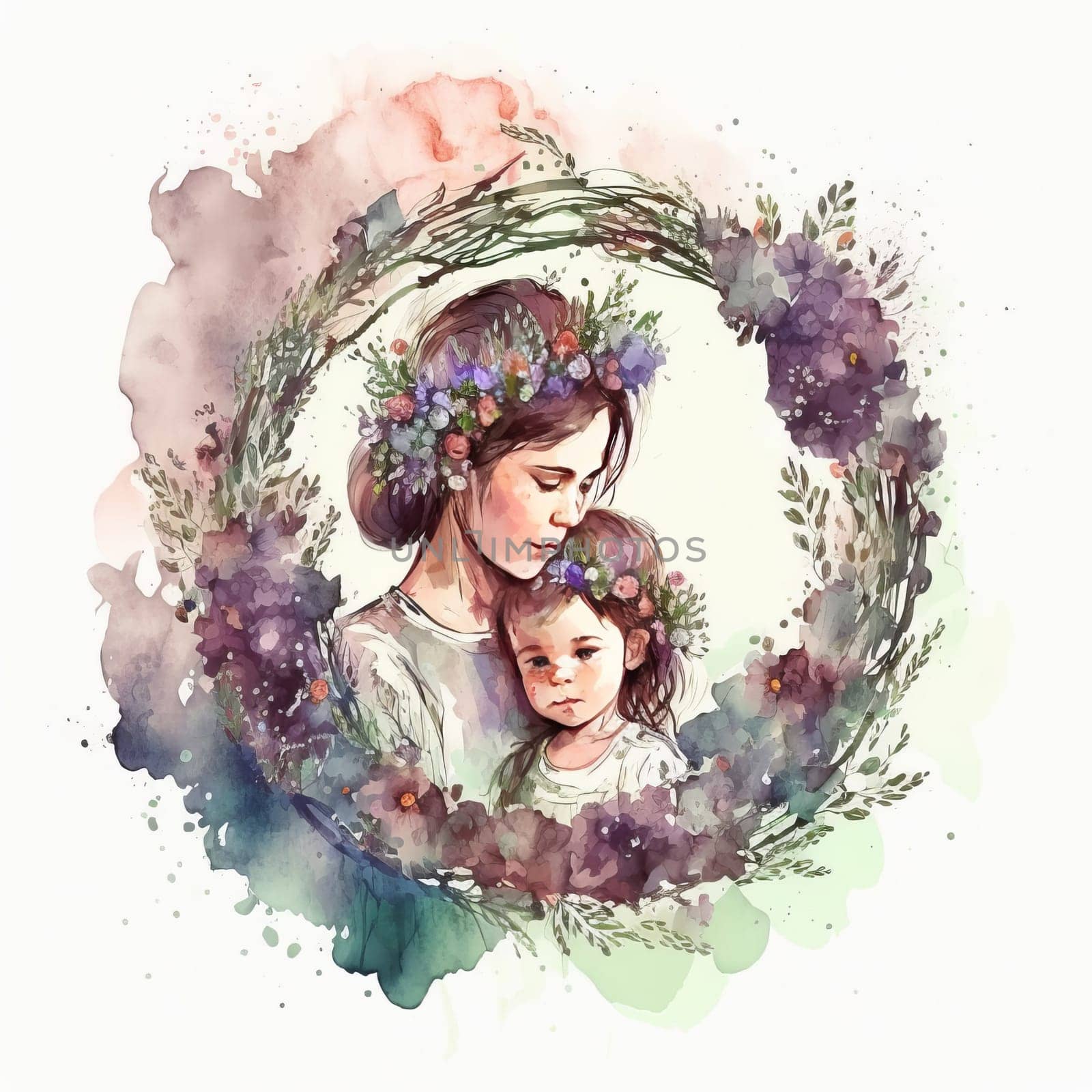Floral watercolor illustration of mother hugging her baby, women day, happy childhood, mother's day, copy space. Concept mothers love, relationships between mother and child. Generative ai.