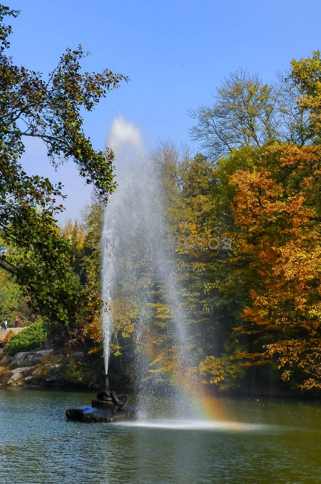 UMAN, UKRAINE - OCTOBER 21, 2012: Large fountain "Snake" in the arboretum Sofiyivka park, Uman by Hydrobiolog