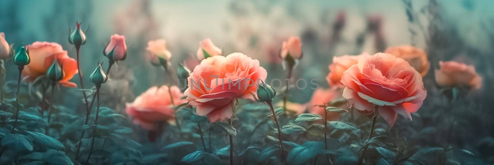 A field of delicate red coral roses. Long banner with rose flowers. Roses grow in the garden or in the field. by esvetleishaya