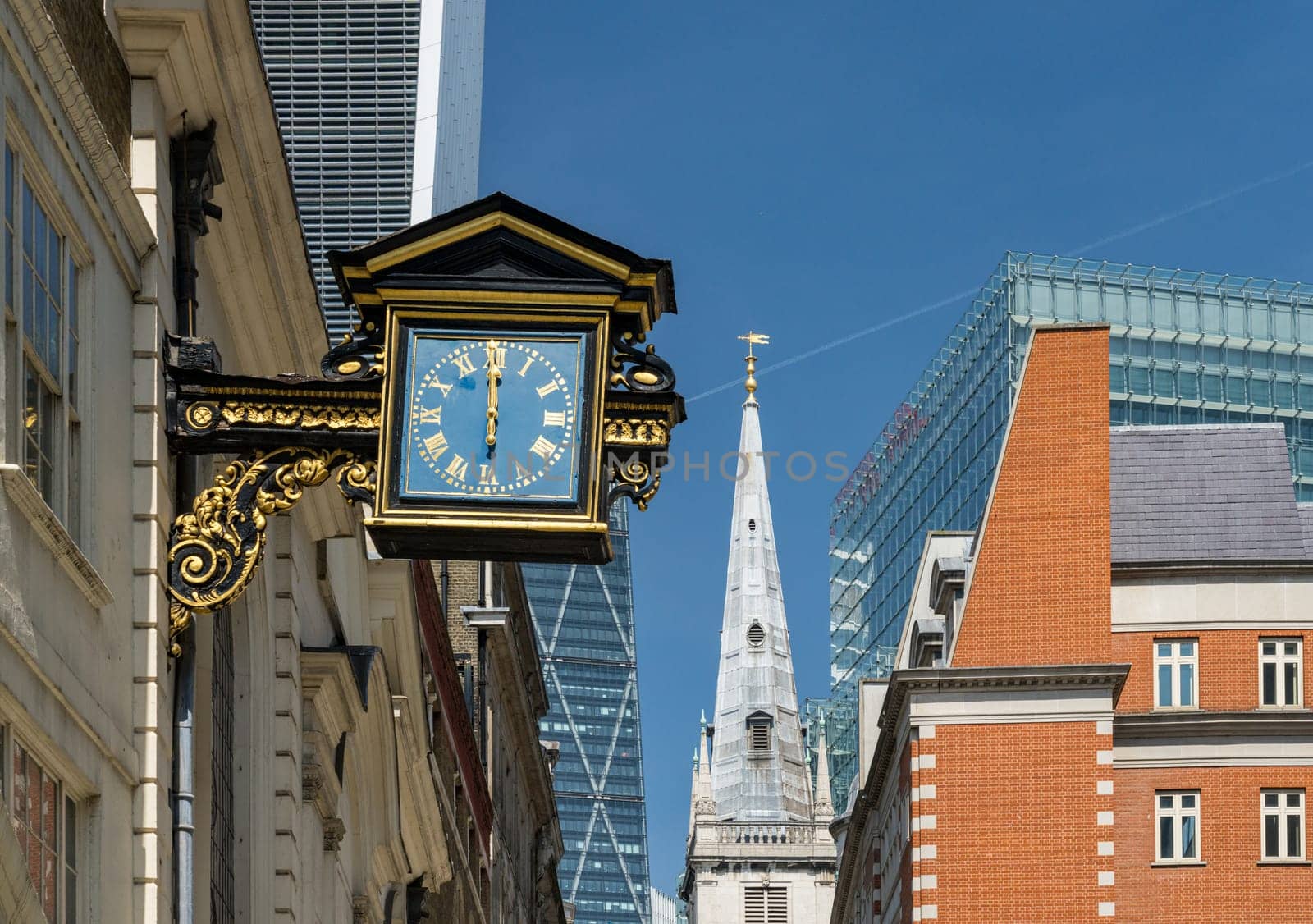 St Mary at Hill Street in the City of London with antique clock by steheap