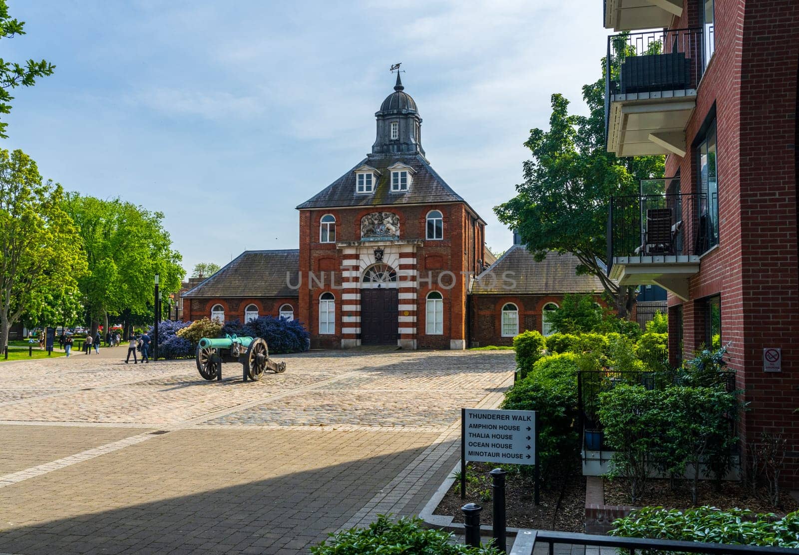 Woolwich, London - 14 May 2023: Antique cannon outside Royal brass foundry in Royal Arsenal Riverside development