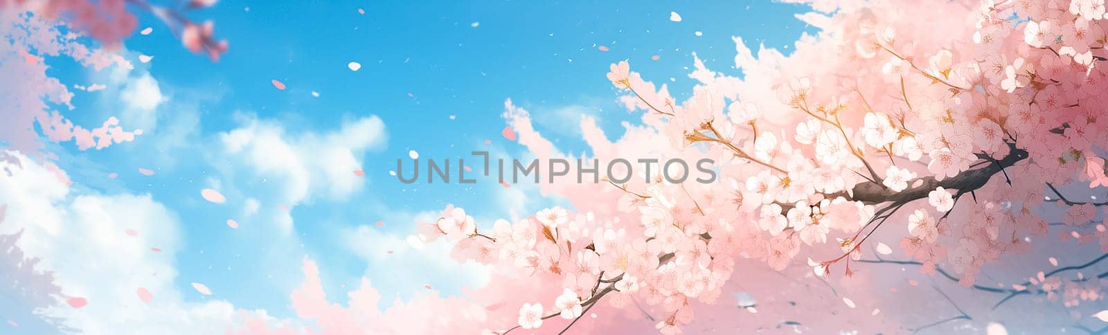 Pink cherry blossoms on a branches and blue sky with clouds. Delicate shot of almond blossom or sakura close up on sky background. Long banner with Spring flowers of cherries tree