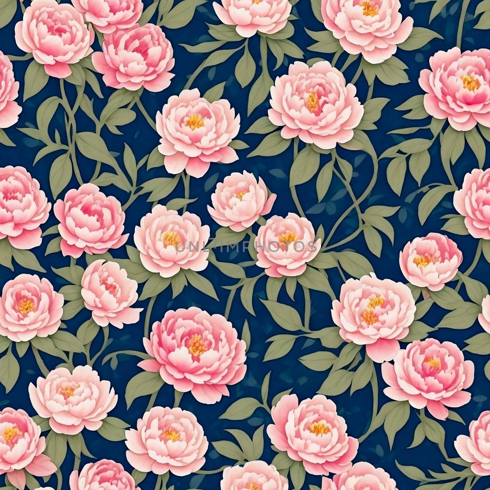 Floral Seamless Pattern with Light Pink Peonies with HkackGreen Leaves on Dark Blue. AI Generated by LanaLeta