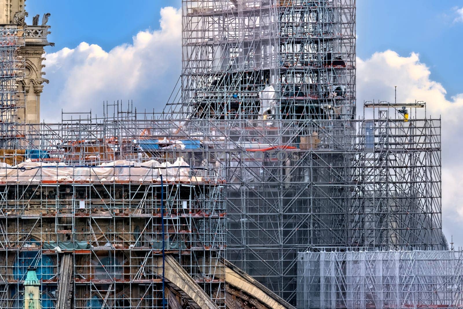 6 May 2023. Paris, France. Scaffolding covers much of Notre Dame Cathedral as Paris prepares for the 2024 Olympics.