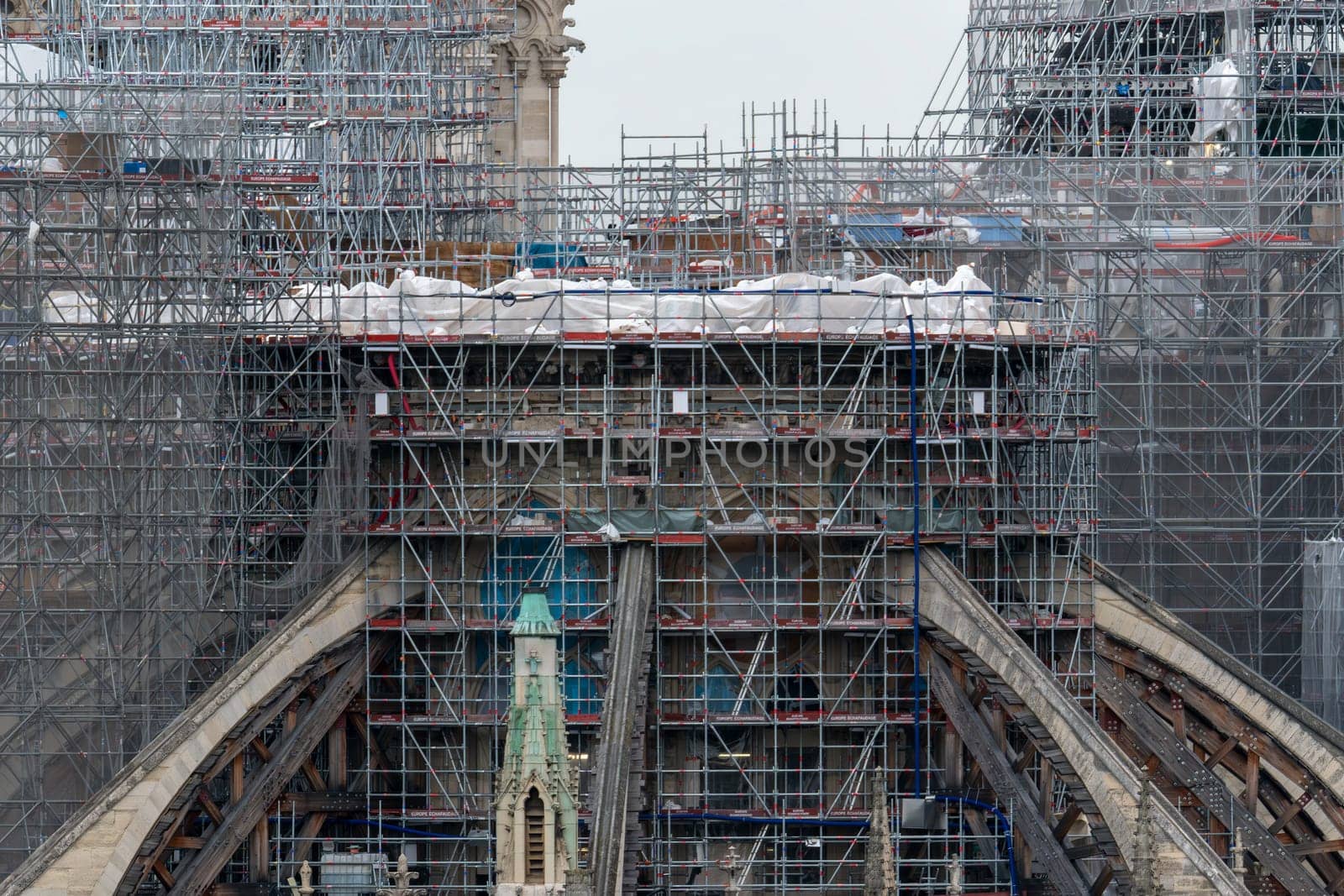 6 May 2023. Paris, France. Extensive scaffolding obscures the view of Notre Dame cathedral as repairs continue in preparation for the 2024 Olympics games.