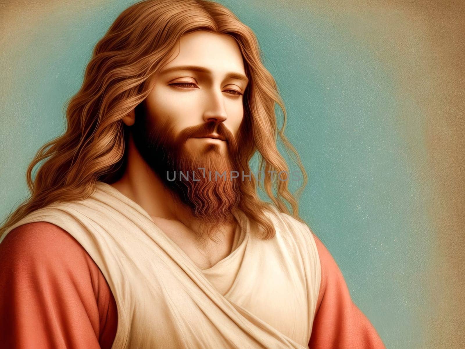 Portrait of Jesus Christ. Christian and catholic religion painting artwork. Easter, Bible and Faith concepts. Glory and hope. Generative Ai
