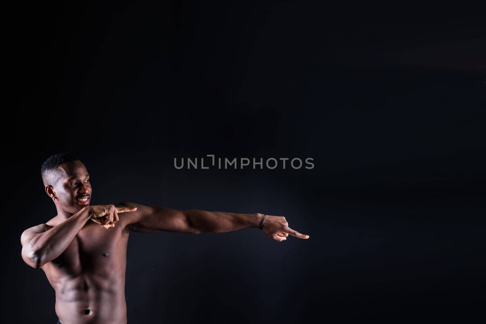 Muscle, body and skin, portrait of black man on dark background with serious face art aesthetic.