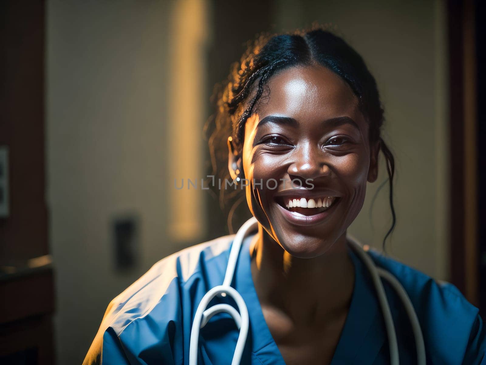 Latino woman doctor with stethoscope in uniform over background with copy space, medical concept. Generative ai