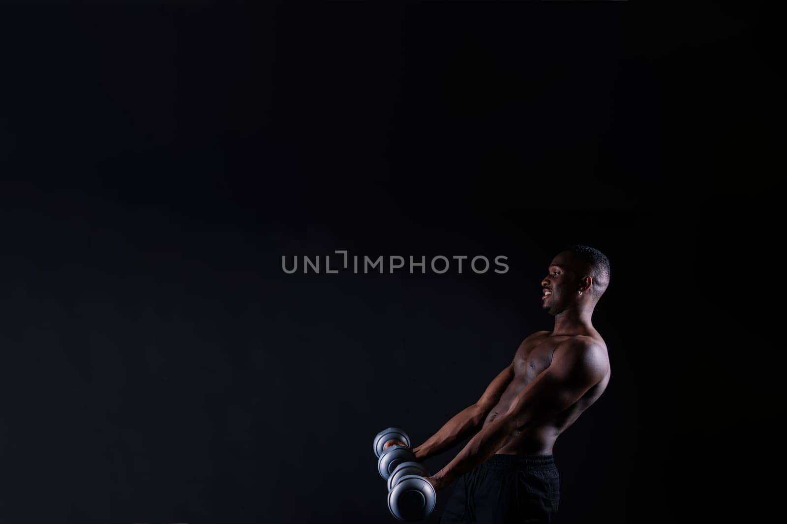 Muscle, body and skin, portrait of black man on dark background with serious face art aesthetic.