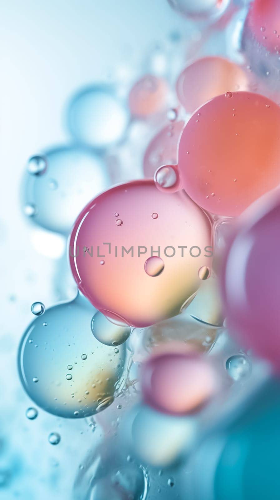 Bright, colored water bubbles vertical banner. Water and water bubbles toned in different colors. Water splashes and drops background. by esvetleishaya