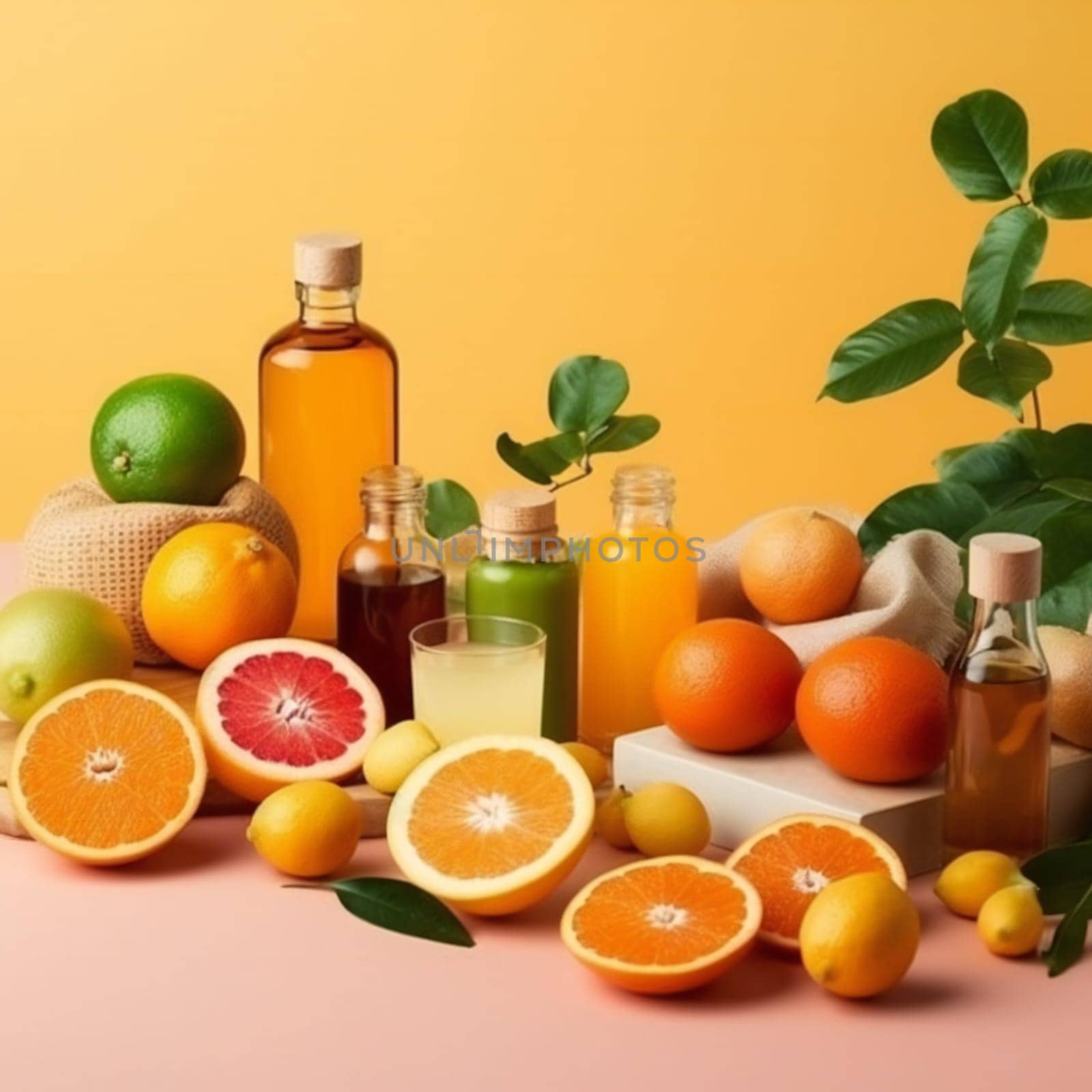 Vitamin C illustration. Foods containing ascorbic acid. Source of vitamin C, fruits and vegetables - fresh oranges, berries, greens isolated on bright background