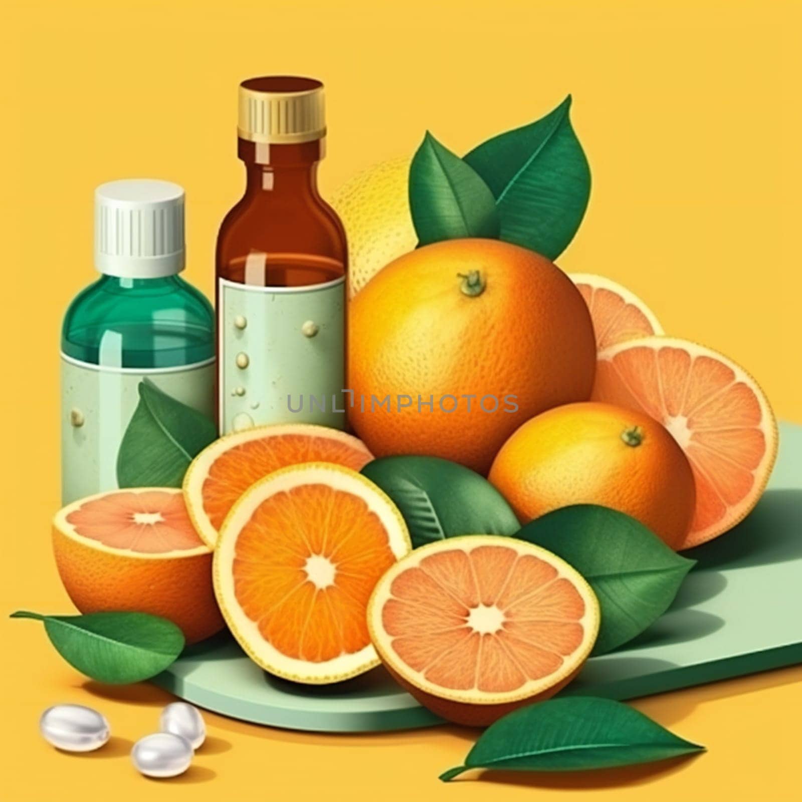 Vitamin C products illustration. Foods containing ascorbic acidr. Source of vitamin C, fruits. Generative ai by juliet_summertime