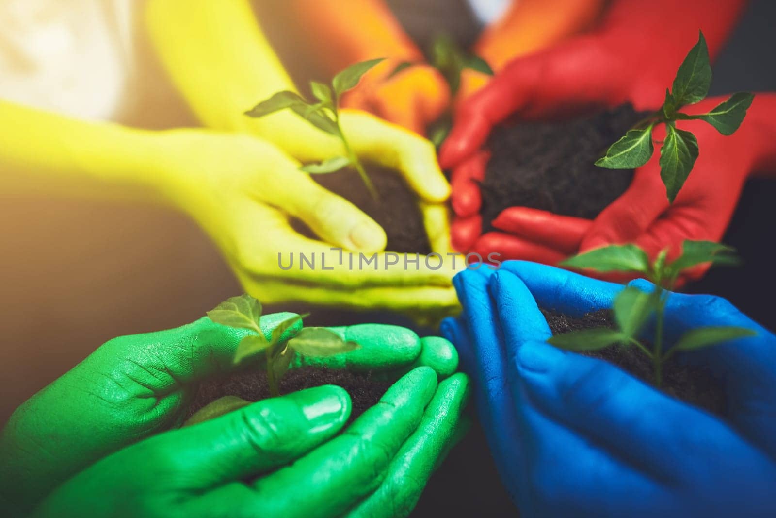 All the colors of the rainbow united. unrecognizable people holding budding plants in their multi colored hands