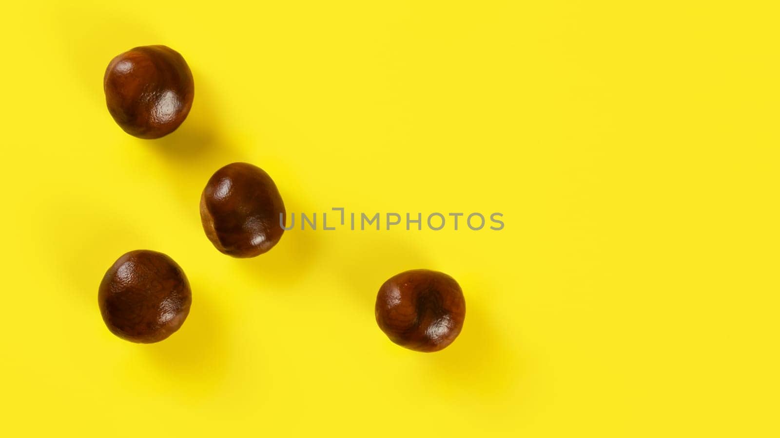 Top down view, horse chestnuts on yellow board - autumn background / banner with space for text on right