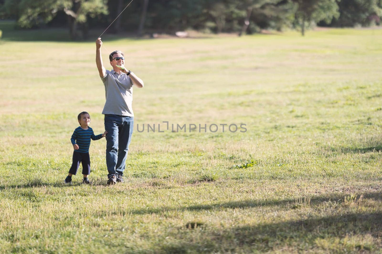 A father and his little son fly a kite into a field. Mid shot