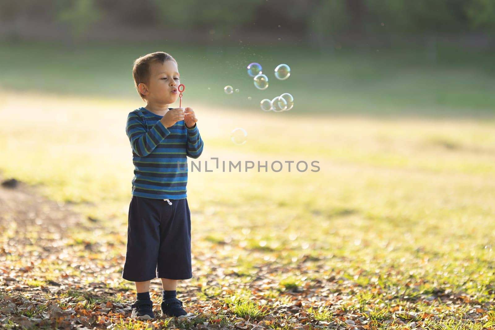 Cute little white boy blowing soap bubbles. Mid shot