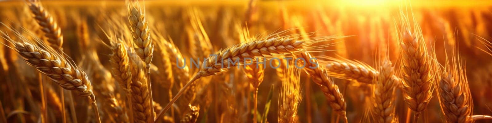 Rich harvest. backdrop of ripening ears of yellow wheat field on the sunset, cloudy orange sky background, banner. AI Generative