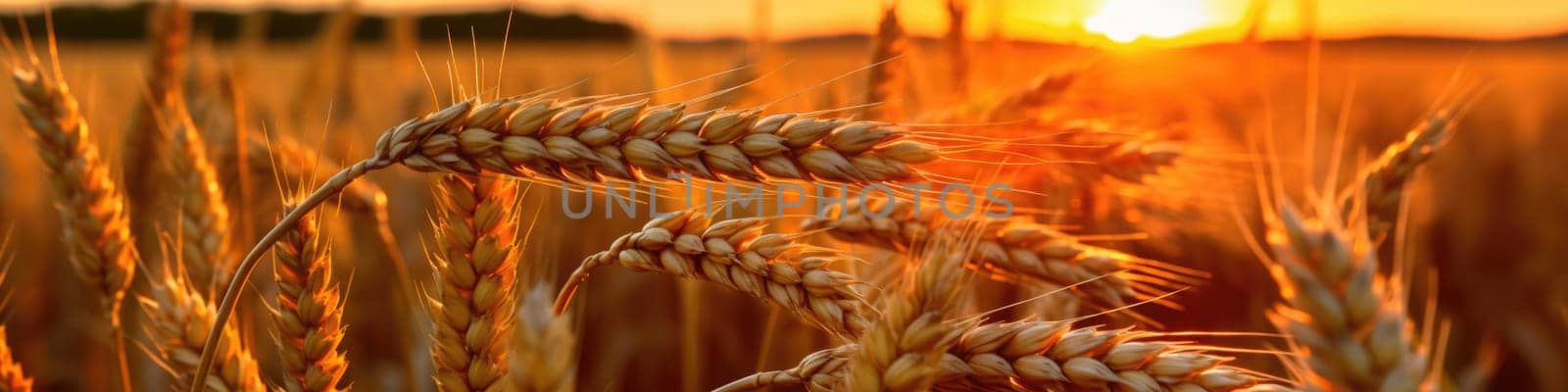 Rich harvest. backdrop of ripening ears of yellow wheat field on the sunset, cloudy orange sky background, banner. AI Generative