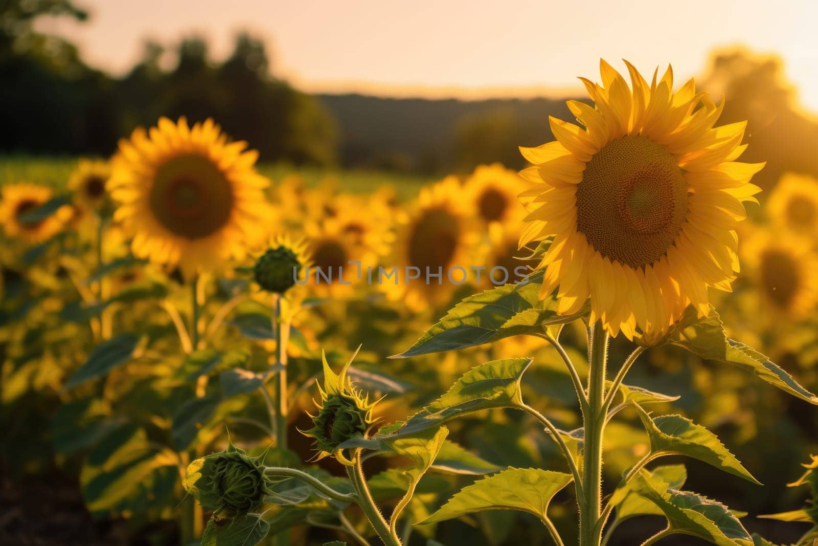 Beautiful field of blooming sunflowers against sunset golden light, AI Generative