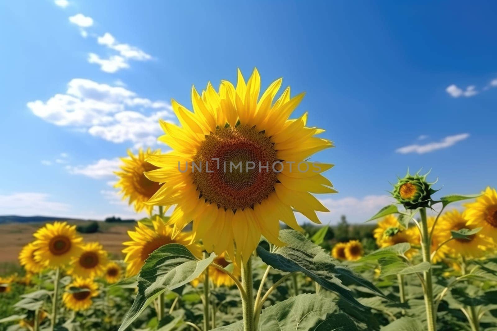 Beautiful field of blooming sunflowers against blue sky, AI Generative