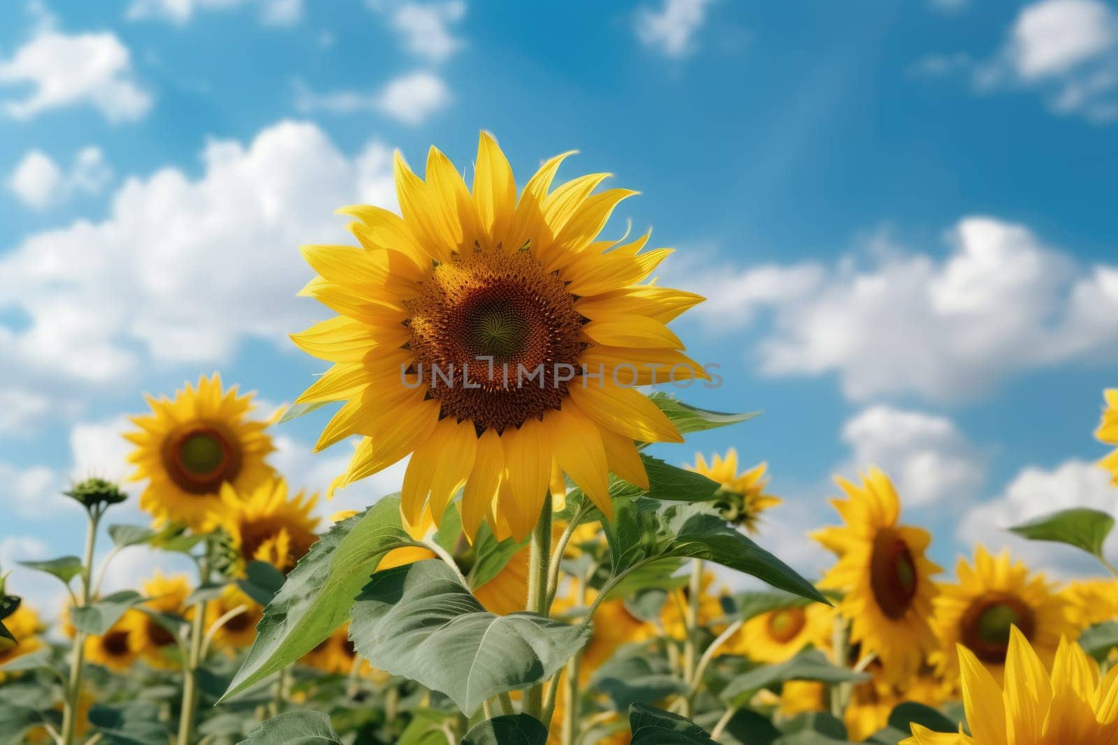 Beautiful field of blooming sunflowers against blue sky, AI Generative