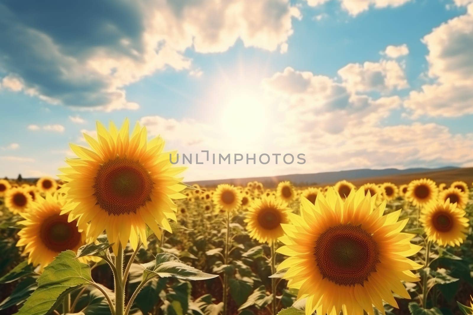 Beautiful field of blooming sunflowers against blue sky, AI Generative