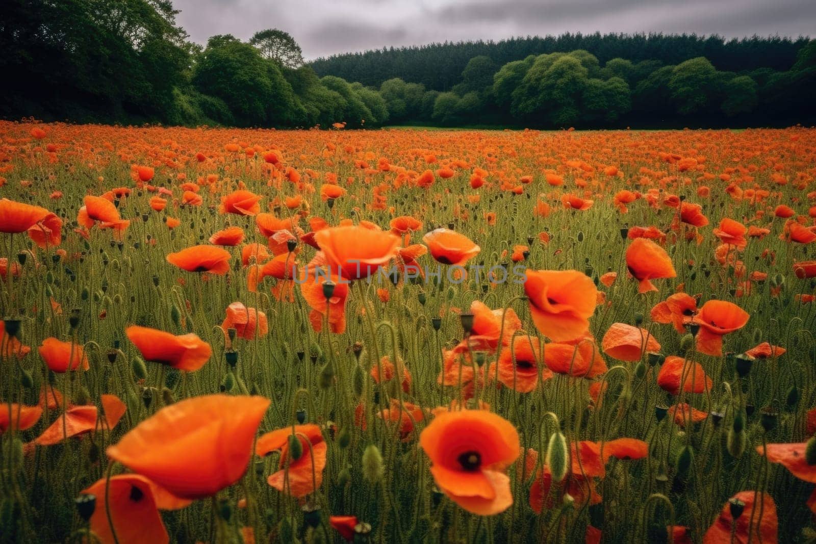 Beautiful field of red poppies in the sunset light. AI Generative