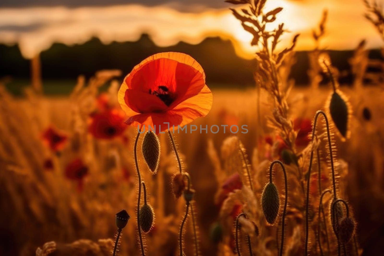 Beautiful field of red poppies in the sunset light. AI Generative