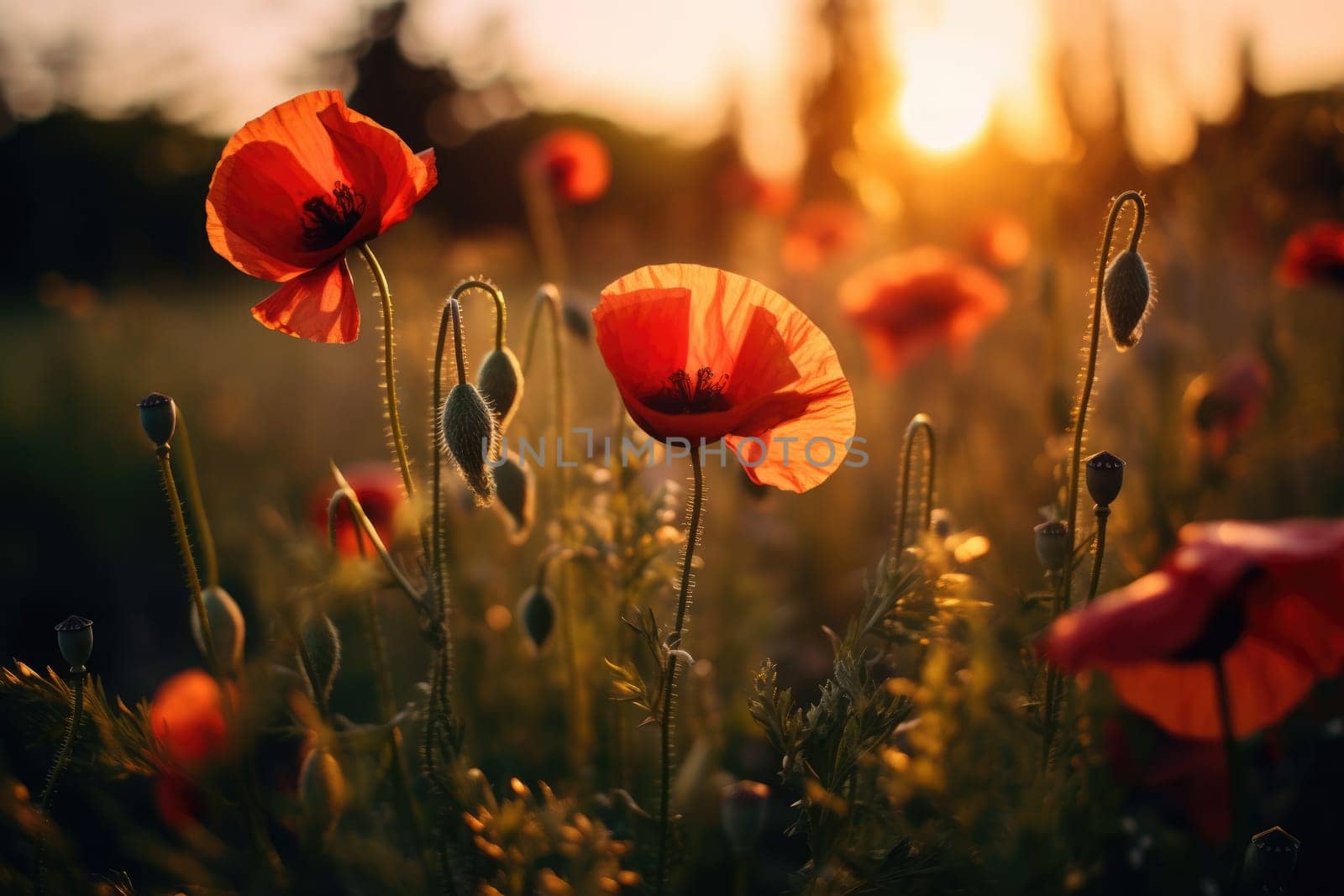 Beautiful field of red poppies in the sunset light. AI Generative