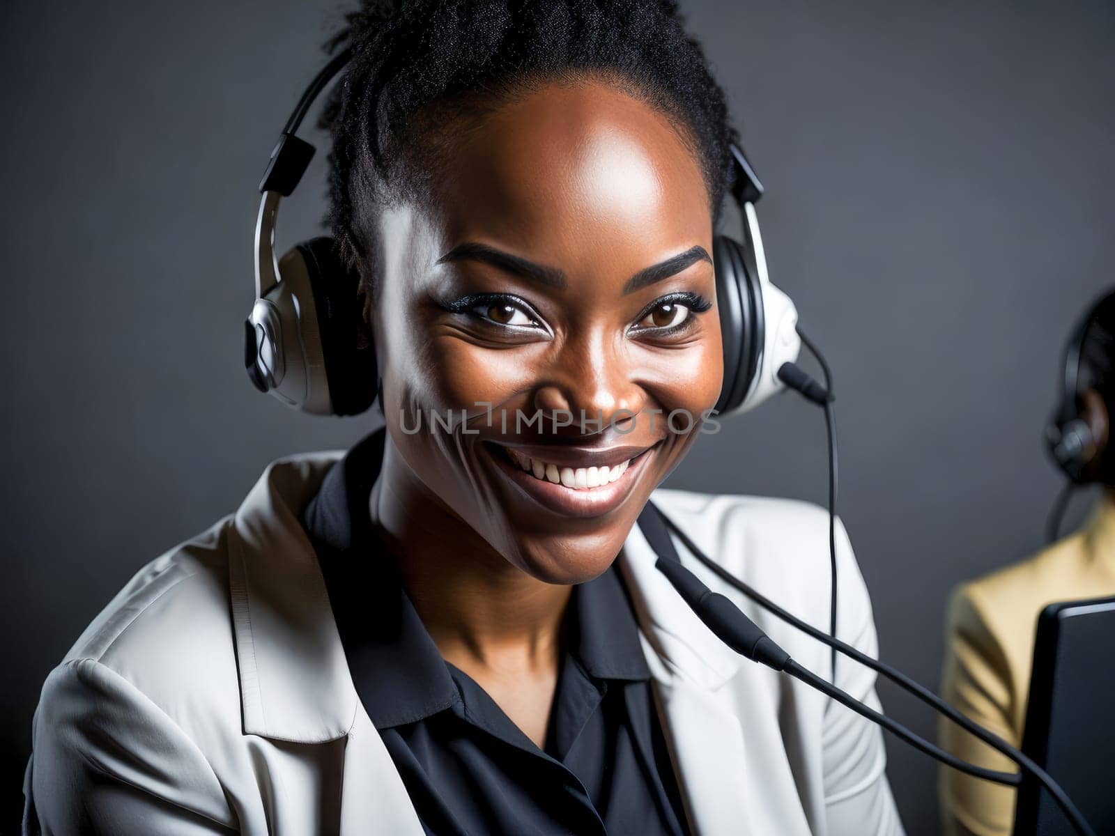 Smiling african american customer care representative working with headset in office. Black woman telemarketing agent working in call center. Generative Ai