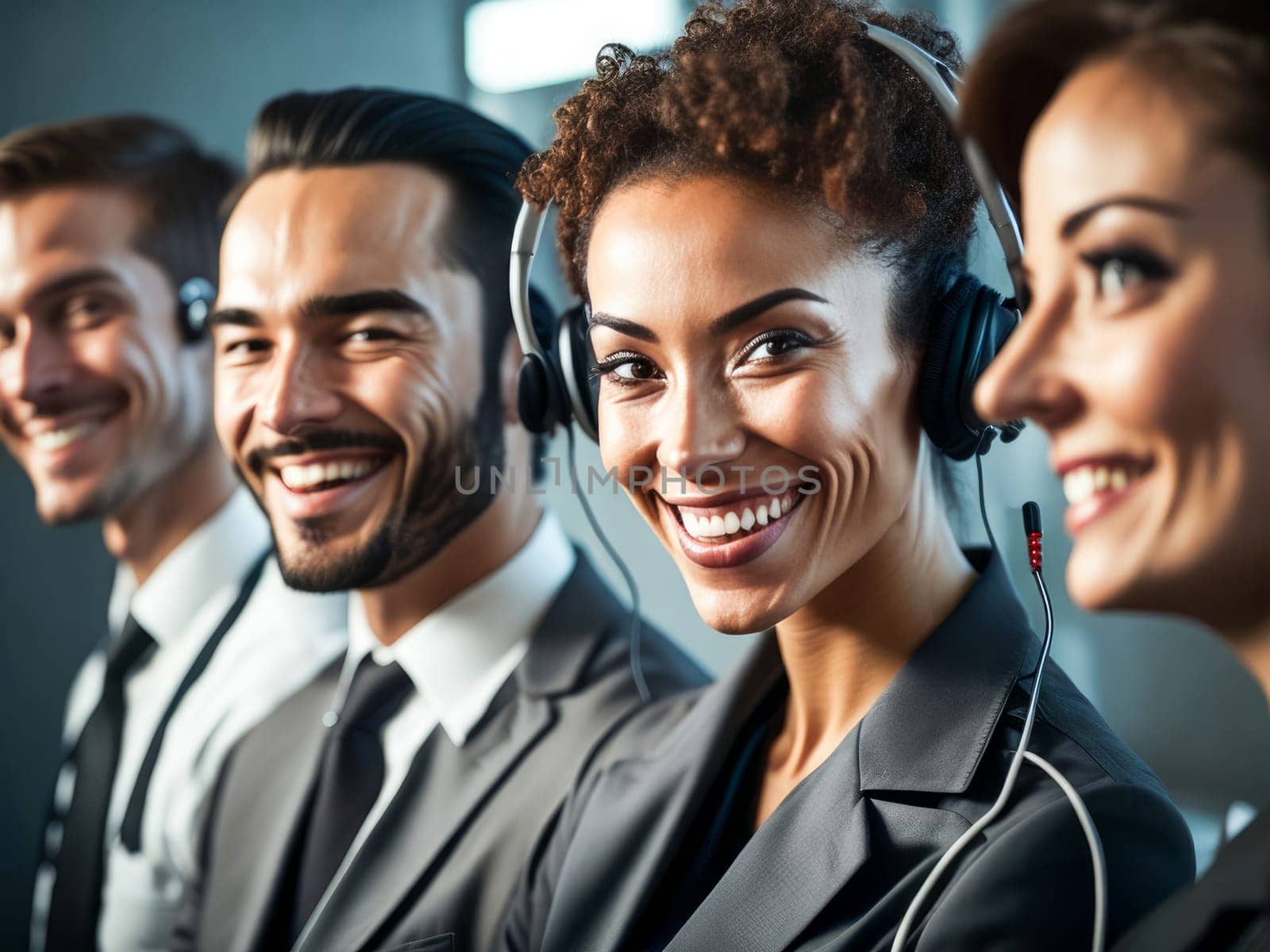Call center. Diverse customer service operators in headsets at work in office. Business concept. Generative Ai.
