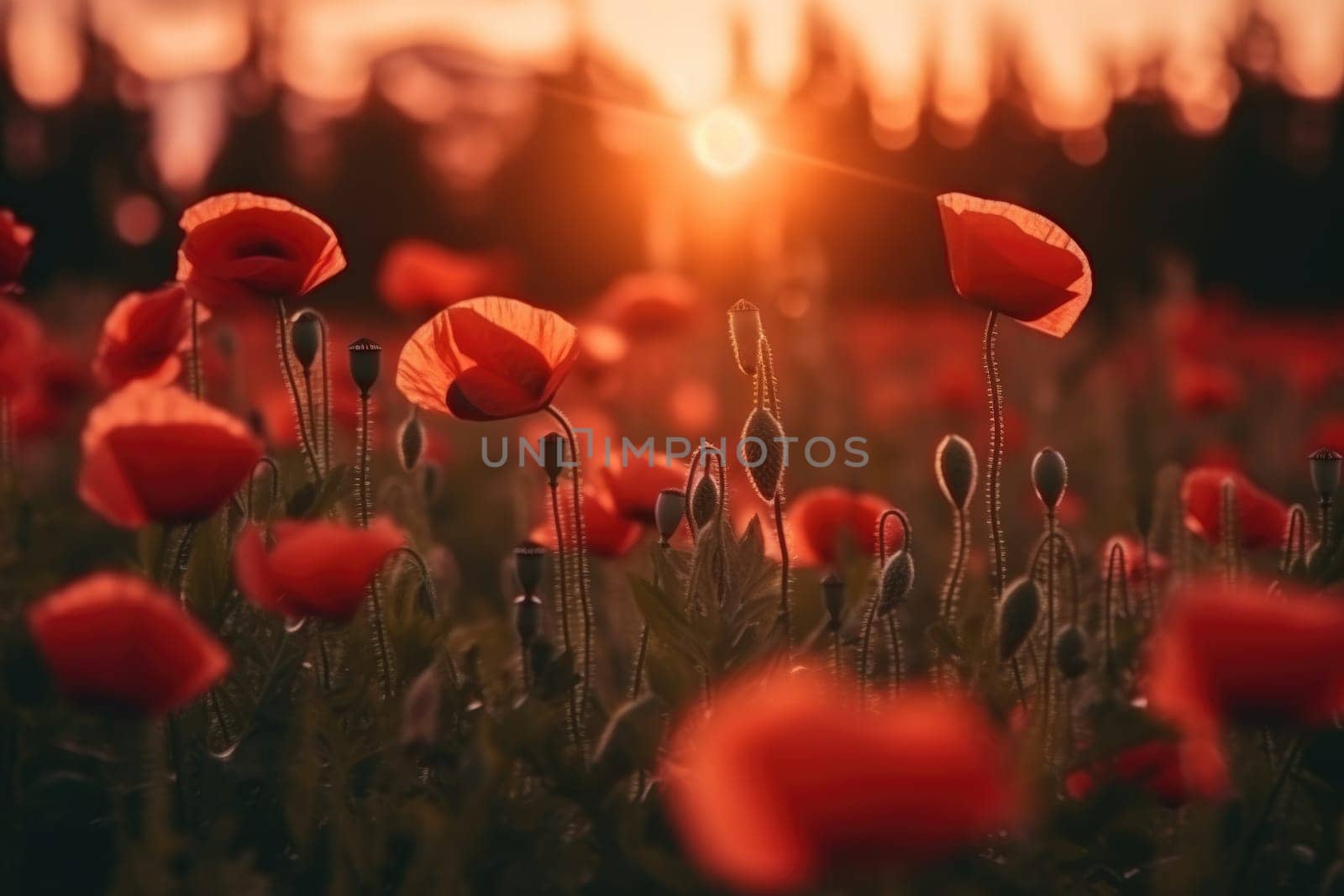 Beautiful field of red poppies in the sunset light. AI Generative