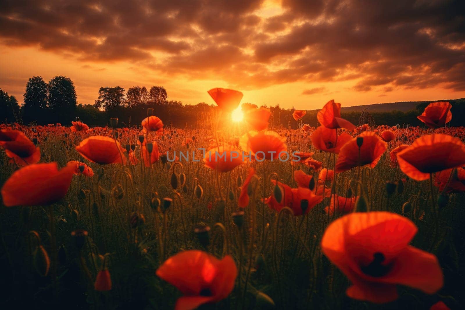 Beautiful field of red poppies in the sunset light. AI Generative