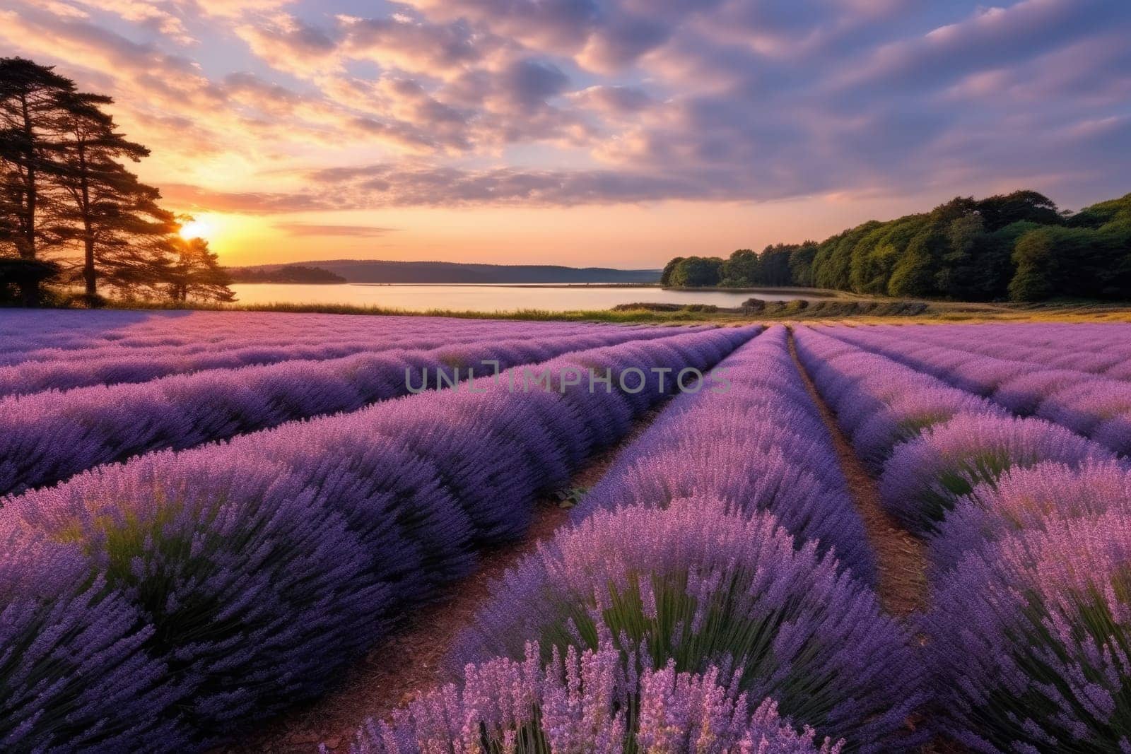 Sunset over a violet lavender field, AI Generative